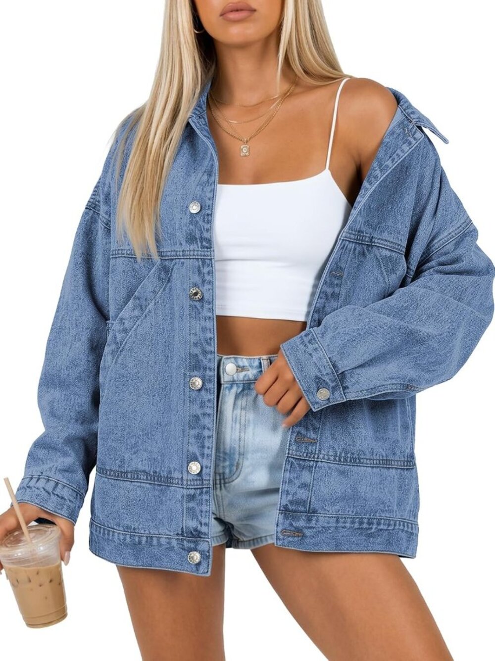 Women’s Blue Oversized Boyfriend Denim Loose Fit Coat Pockets Jean Jacket